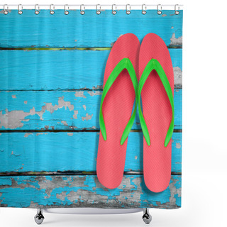 Personality  Red Ang Green Flip Flop Sandals On Blue Wood Shower Curtains