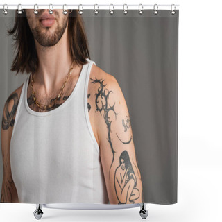Personality  Cropped View Of Brunette Tattooed Model Standing Isolated On Grey  Shower Curtains