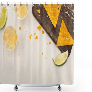 Personality  Top View Of Golden Tequila In Shot Glasses With Lime, Salt And Nachos On Wooden Cutting Board On White Marble Surface Shower Curtains