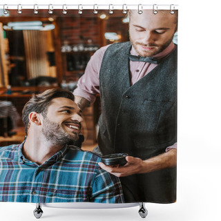Personality  Handsome Barber Holding Jar With Black Hair Pomade Near Happy Man  Shower Curtains