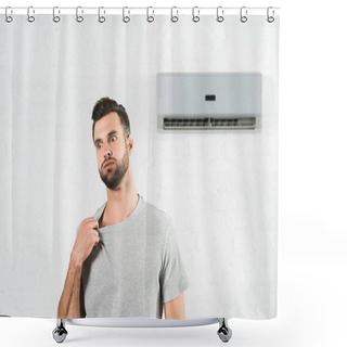 Personality  Handsome Man Suffering From Heat Under Air Conditioner At Home Shower Curtains