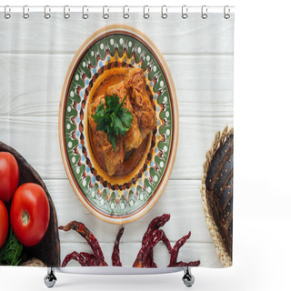 Personality  Top View Of Traditional Stuffed Cabbage Rolls With Parsley On White Wooden Background Shower Curtains