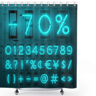 Personality  Neon Light Alphabet Vector Font. Numbers And Punctuation Marks. Neon Tube Letters On Brick Wall Background Shower Curtains