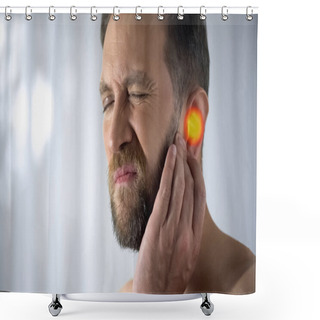 Personality  Man Suffers From Earache, Otitis, Hearing Problems, Spot Indicates Pain, Closeup Shower Curtains