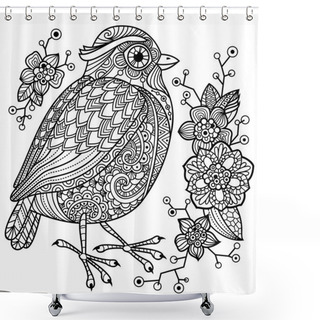 Personality  Coloring Page With A Bird And Flowers. Shower Curtains