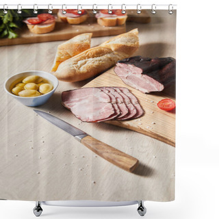 Personality  Selective Focus Of Tasty Ham On Cutting Board With Knife, Olives And Baguette On Wooden Table Shower Curtains