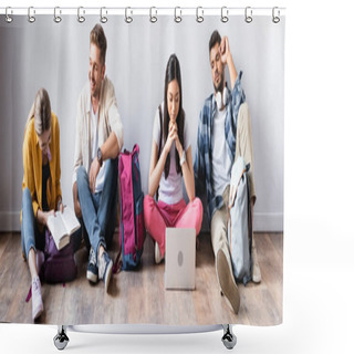 Personality  Multiethnic Students With Laptop, Book And Backpacks Sitting On Floor, Banner  Shower Curtains