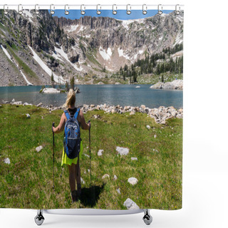 Personality  Woman Hiker Using Poles At Lake Solitude, A 17-mile Hike In Grand Teton National Park Wyoming Shower Curtains