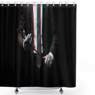 Personality  Male Dominant Businessman In A Suit Holding A Leather Whip Flogger For Domination Shower Curtains