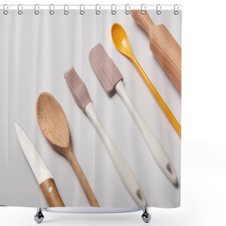 Personality  Cooking Utensils Arranged In Row On Grey Background  Shower Curtains