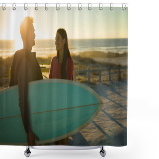 Personality  Happy Caucasian Couple On Beach By The Sea During Susnset Carrying Surfboard Smiling. Healthy Outdoor Leisure Time By The Sea. Shower Curtains