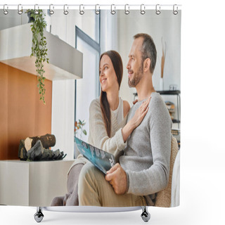 Personality  Loving Wife Embracing Husband Sitting With Science Magazine On Couch At Home, Child-free Life Shower Curtains