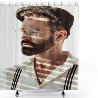 Personality  Close Up View Of Handsome Bearded Man In Glasses And Cap Isolated On White  Shower Curtains