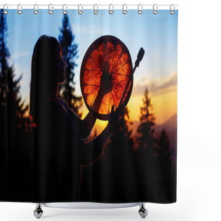 Personality  Beautiful Shamanic Girl Playing On Shaman Frame Drum In The Nature Shower Curtains