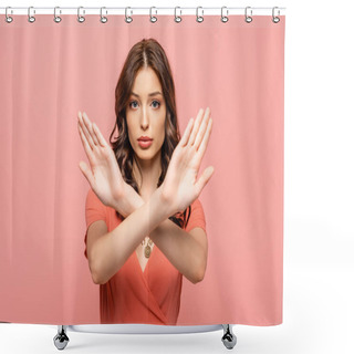 Personality  Serious Young Woman Showing Stop Gesture While Looking At Camera Isolated On Pink Shower Curtains