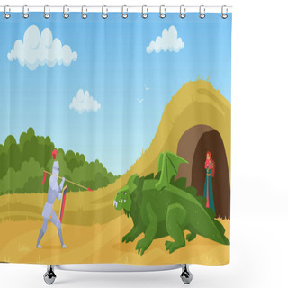 Personality  Fight With Dragon Vector Illustration, Cartoon Flat Knight Warrior In Armor With Spear And Shield Fighting With Green Fantasy Creature Monster Dragon Shower Curtains