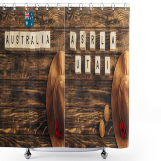 Personality  Collage Of Artificial Flowers, Felt Hats, Australian Flag And Cubes With Australia Lettering On Wooden Surface, Anzac Day Concept  Shower Curtains