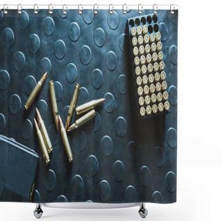 Personality  Top View Of Rifle Bullets And Magazine On Table Shower Curtains