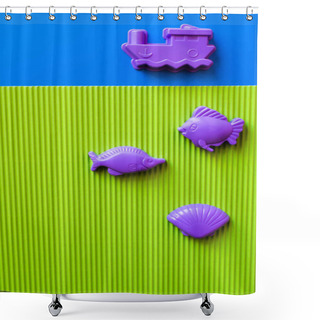 Personality  Top View Of Purple Sea Animals And Vessel Toys On Blue And Green Background Shower Curtains