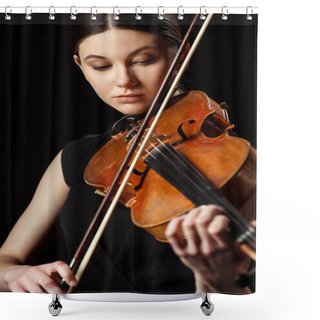 Personality  Beautiful Professional Musician Playing Symphony On Violin Isolated On Black Shower Curtains