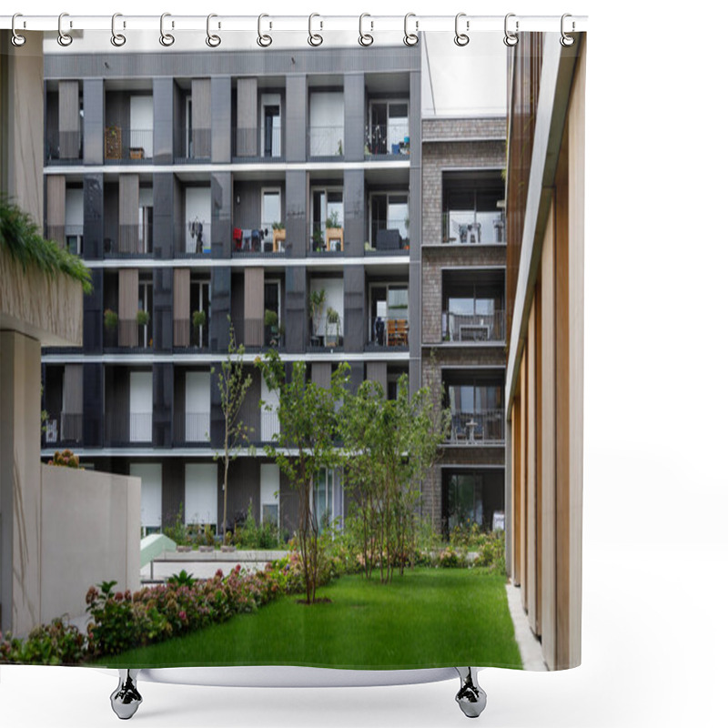 Personality  Heilbronn, Germany - August 12, 2019. Ambient Space And Modern Homes During The Federal Garden Show 2019 BUGA Heilbronn Shower Curtains