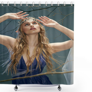 Personality  A Young Woman In A Stunning Blue Dress Adorned With A Crown On Her Head, Exuding An Aura Of Fairy-tale Royalty. Shower Curtains