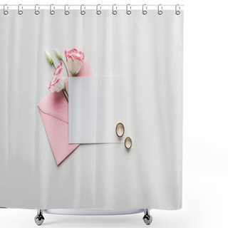 Personality  Top View Of Empty Card With Pink Envelope, Flowers And Golden Wedding Rings On Grey Background Shower Curtains