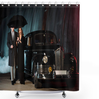 Personality  Handsome Gangster Holding Umbrella And Gun While Walking With Attractive Woman Near Retro Car  Shower Curtains