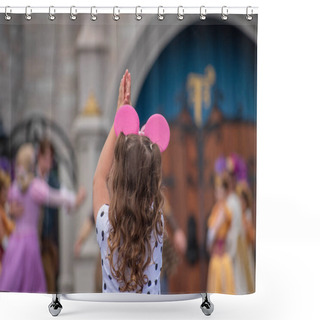 Personality  Orlando, Florida. September 25, 2019. Nice Little Girl Enjoying Mickeys Royal Friendship Faire On Cinderella Castle In Magic Kingdom At Walt Disney World Resort (4) Shower Curtains
