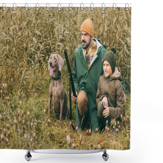 Personality  Father And Son Squatting In Bushes At Hunt Shower Curtains