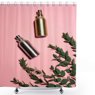 Personality  Top View Of Metal Bottles Of Perfumes With Green Branches On Pink Surface Shower Curtains