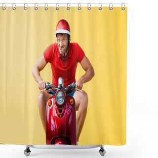 Personality  Funny Man In Helmet Riding Red Scooter And Sticking Out Tongue On Yellow Shower Curtains