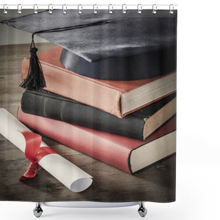 Personality  Graduation Hat And Diploma With Book On Table Shower Curtains