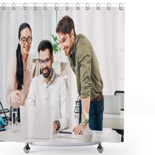 Personality  Smiling Office Managers Looking At Laptop In Office Shower Curtains