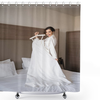 Personality  Excited Bride With Brunette Hair Standing In White Silk Robe Holding Soft Hanger With Elegant Wedding Dress And Standing On Bed In Bedroom Of Hotel Room, Special Occasion, Charming Woman  Shower Curtains