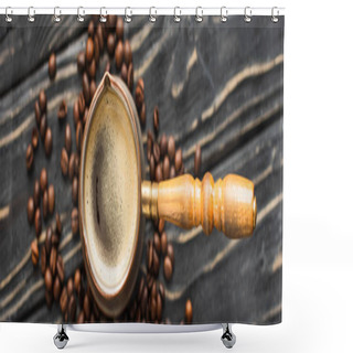 Personality  Top View Of Cezve With Coffee On Coffee Beans On Wooden Surface, Panoramic Shot Shower Curtains