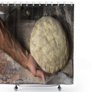 Personality  Male Hands Kneading Dough On Sprinkled With Flour Table, Closeup Shower Curtains