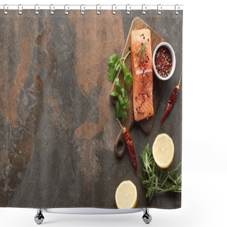 Personality  Top View Of Raw Fresh Salmon With Greenery, Chili Peppers And Lemon On Wooden Cutting Board Shower Curtains