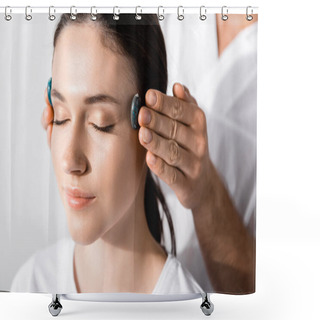 Personality  Cropped View Of Healer Standing Near Woman With Closed Eyes And Using Stones Shower Curtains