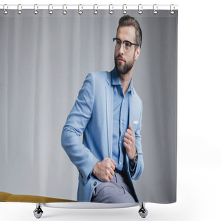 Personality  Stylish Handsome Man In Eyeglasses And Blue Trendy Suit Shower Curtains