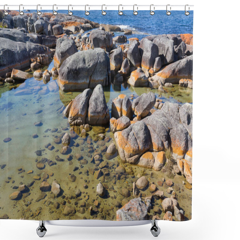 Personality  Bay Of Fires. Turquoise Waters With Orange Lichen Growing On Granite Rocks, Tasmania Shower Curtains