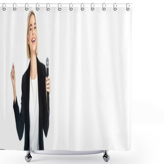 Personality  Cheerful News Anchor With Microphone Showing Win Gesture Isolated On White, Banner Shower Curtains
