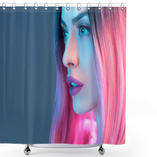 Personality  Portrait Of Beautiful Woman In Pink Wig, Isolated On Blue Shower Curtains