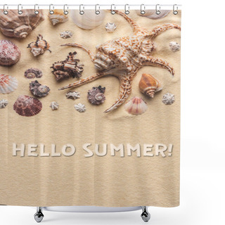 Personality  Hello Summer Inscription On Light Sand With Seashells Shower Curtains
