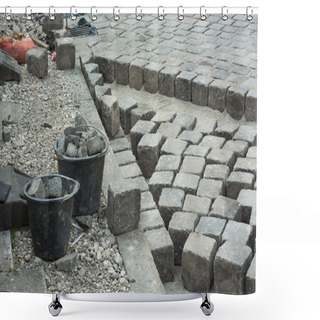 Personality  Road Construction With Cobblestone Shower Curtains