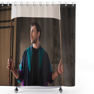 Personality  Handsome Young Man In Vintage Windcheater With Blank Placard Shower Curtains