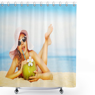 Personality  Young Woman In Pink Swimsuit With Coconut Cocktail On The Beach, Bali Shower Curtains