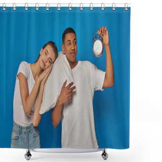 Personality  Woman Sleeping On Pillow Near Cheerful African American Man With Alarm Clock On Blue Backdrop Shower Curtains