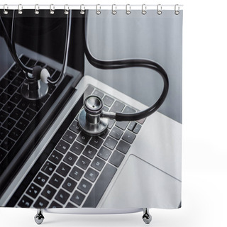 Personality  Selective Focus Of Stethoscope And Laptop With Blank Screen On Grey Surface  Shower Curtains