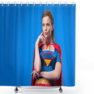 Personality  Portrait Of Pensive Woman In Superhero Costume Looking Away Isolated On Blue Shower Curtains